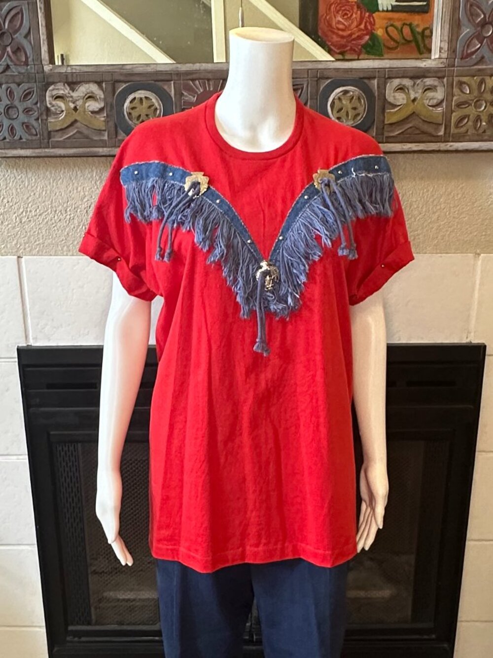 Joanie W. Vtg Western Fringe T-Shirt Red Studded Concho Cotton Medium cowgirl